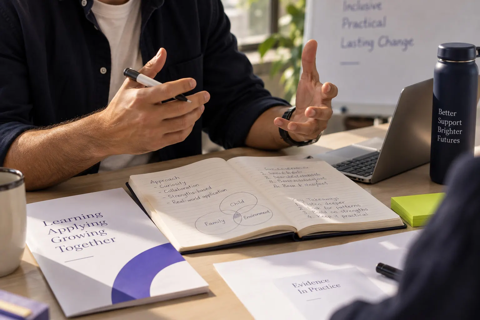 Practitioners in discussion over open notebooks