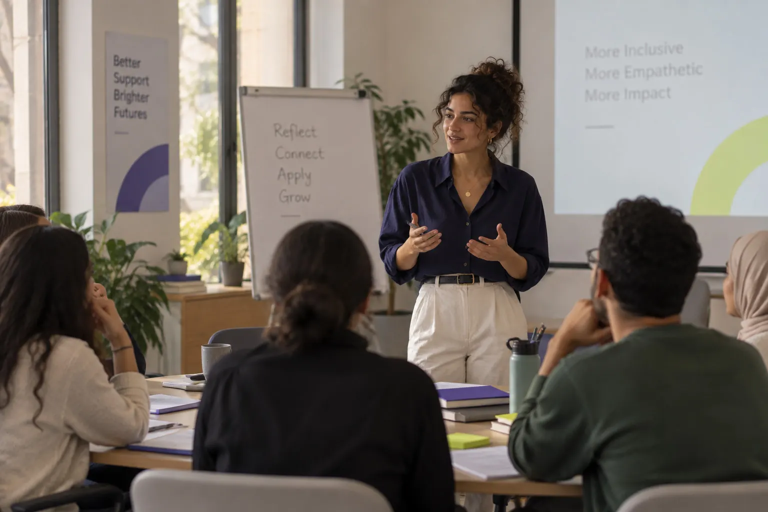 A facilitator leading a small-group session with practitioners around a table